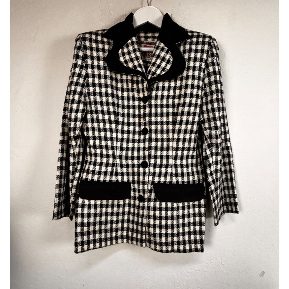 Vintage Secrets Womens Navy & Cream Plaid Blazer Jacket Medium Button Front